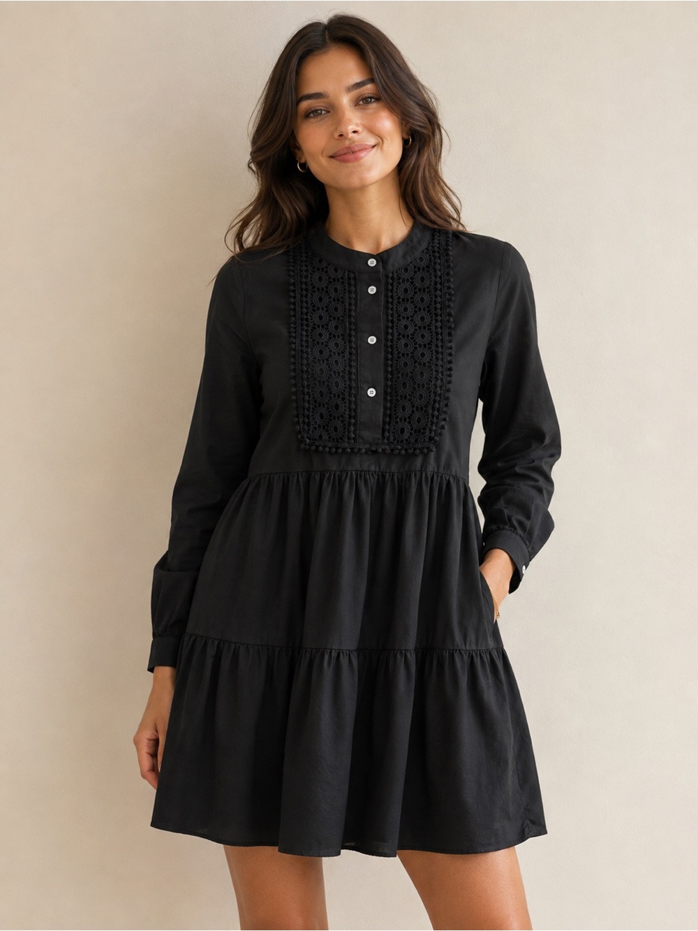 J. Crew Black Tiered Long-Sleeve Mini Dress with Crochet Bib